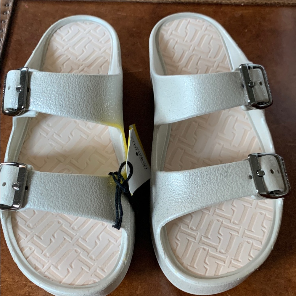 Sparkle Silver White Double Strap Sandals Lemon Jelly size 6.5